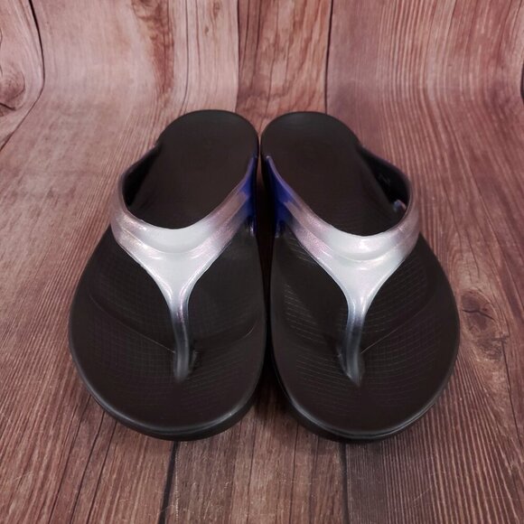 Oofos Oolala Womens 10 Black Calypso Flip Flop Thong Sandals Purple Ombre Fade - Picture 4 of 16